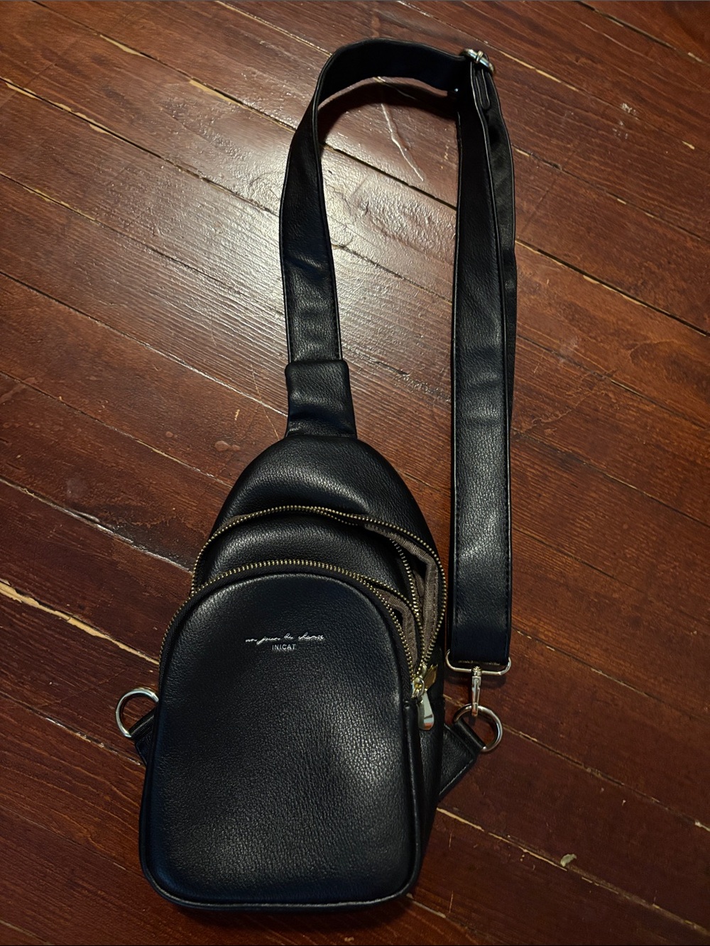 Black Leather Sling Belt Bag with Gold Zippers - Inicat